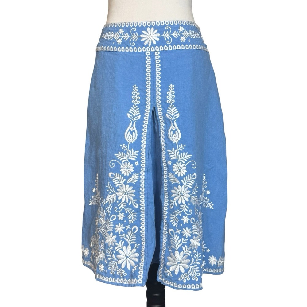 Vintage 100% Linen Skirt Sz 12 Artisan Embroidered Beaded Blue Cottage Boho Folk
